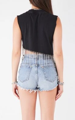FURST OF A KIND ASYMMETRICAL RHINESTONE FRINGE SLEEVELESS CROP TEE VINTAGE RHINESTONE FRINGE