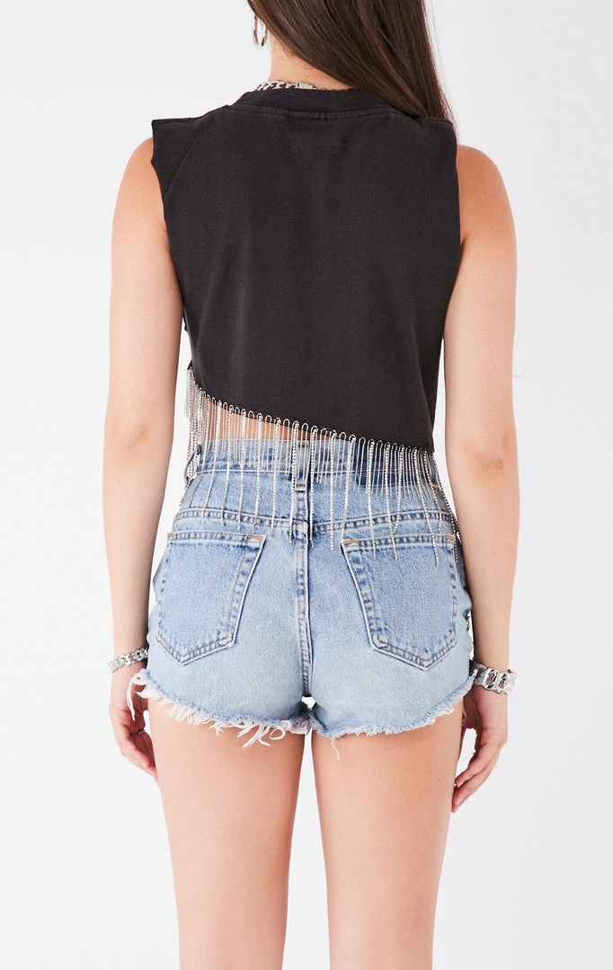 FURST OF A KIND ASYMMETRICAL RHINESTONE FRINGE SLEEVELESS CROP TEE VINTAGE RHINESTONE FRINGE 4 FURST OF A KIND ASYMMETRICAL RHINESTONE FRINGE SLEEVELESS CROP TEE VINTAGE RHINESTONE FRINGE