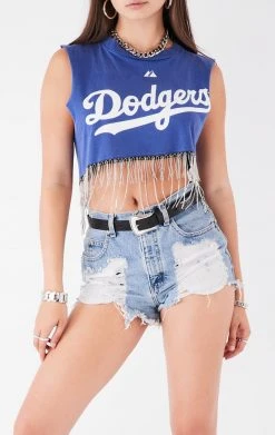 FURST OF A KIND VINTAGE RHINESTONE FRINGE ASYMMETRICAL RHINESTONE FRINGE SLEEVELESS CROP TEE