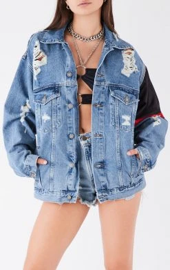 FURST OF A KIND VINTAGE JERSEY SLEEVE AND BACK INSERT DENIM JACKET
