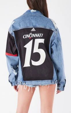 FURST OF A KIND VINTAGE JERSEY SLEEVE AND BACK INSERT DENIM JACKET