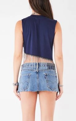 FURST OF A KIND ASYMMETRICAL RHINESTONE FRINGE SLEEVELESS CROP TEE VINTAGE RHINESTONE FRINGE