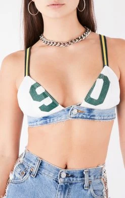 FURST OF A KIND VINTAGE JERSEY AND DENIM BRA TOP VINTAGE NFL 8 FURST OF A KIND VINTAGE JERSEY AND DENIM BRA TOP VINTAGE NFL