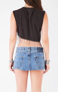 FURST OF A KIND ASYMMETRICAL RHINESTONE FRINGE SLEEVELESS CROP TEE