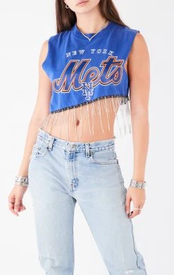 FURST OF A KIND ASYMMETRICAL RHINESTONE FRINGE SLEEVELESS CROP TEE VINTAGE RHINESTONE FRINGE