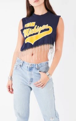 FURST OF A KIND VINTAGE RHINESTONE FRINGE ASYMMETRICAL RHINESTONE FRINGE SLEEVELESS CROP TEE