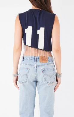 FURST OF A KIND VINTAGE RHINESTONE FRINGE ASYMMETRICAL RHINESTONE FRINGE SLEEVELESS CROP TEE