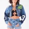 FURST OF A KIND VINTAGE JERSEY PATCHWORK STUDDED CROPPED DENIM JACKET