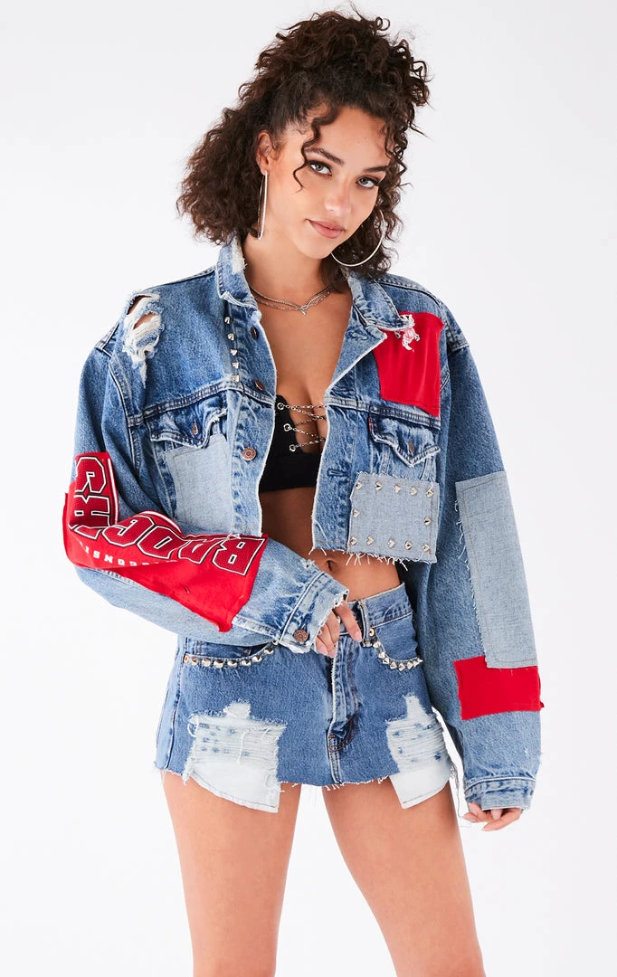 FURST OF A KIND VINTAGE DENIM JACKETS VINTAGE PATCHWORK STUDDED CROPPED DENIM JACKET 4 FURST OF A KIND VINTAGE DENIM JACKETS VINTAGE PATCHWORK STUDDED CROPPED DENIM JACKET