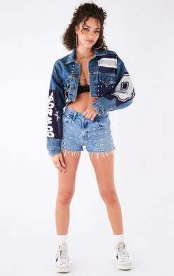 FURST OF A KIND VINTAGE JERSEY PATCHWORK STUDDED CROPPED DENIM JACKET VINTAGE DENIM JACKETS 8 FURST OF A KIND VINTAGE JERSEY PATCHWORK STUDDED CROPPED DENIM JACKET VINTAGE DENIM JACKETS