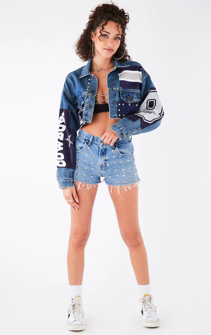 FURST OF A KIND VINTAGE JERSEY PATCHWORK STUDDED CROPPED DENIM JACKET VINTAGE DENIM JACKETS 5 FURST OF A KIND VINTAGE JERSEY PATCHWORK STUDDED CROPPED DENIM JACKET VINTAGE DENIM JACKETS