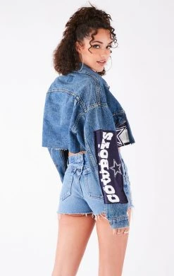 FURST OF A KIND VINTAGE JERSEY PATCHWORK STUDDED CROPPED DENIM JACKET VINTAGE DENIM JACKETS 9 FURST OF A KIND VINTAGE JERSEY PATCHWORK STUDDED CROPPED DENIM JACKET VINTAGE DENIM JACKETS