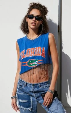 FURST OF A KIND ASYMMETRICAL RHINESTONE FRINGE SLEEVELESS CROP TEE VINTAGE RHINESTONE FRINGE