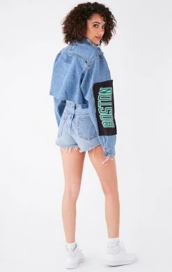 FURST OF A KIND VINTAGE JERSEY PATCHWORK STUDDED CROPPED DENIM JACKET