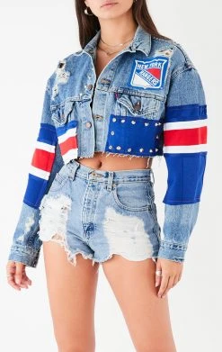 FURST OF A KIND VINTAGE JERSEY PATCHWORK STUDDED CROPPED DENIM JACKET VINTAGE DENIM JACKETS