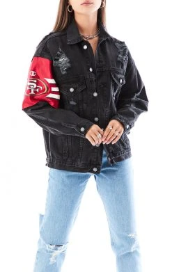 FURST OF A KIND VINTAGE JERSEY SLEEVE AND BACK INSERT DENIM JACKET VINTAGE DENIM JACKETS