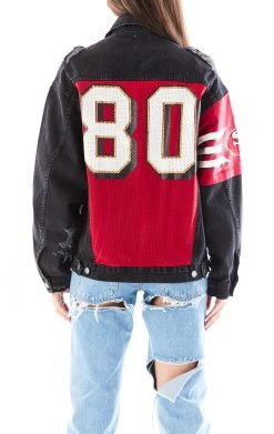 FURST OF A KIND VINTAGE JERSEY SLEEVE AND BACK INSERT DENIM JACKET VINTAGE DENIM JACKETS