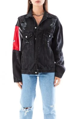 FURST OF A KIND VINTAGE JERSEY SLEEVE AND BACK INSERT DENIM JACKET