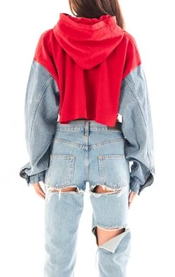FURST OF A KIND VINTAGE SPLICED DENIM JACKET ZIP UP HOODIE