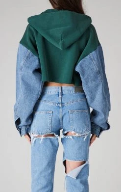 FURST OF A KIND VINTAGE SPLICED DENIM JACKET ZIP UP HOODIE VINTAGE DENIM JACKETS