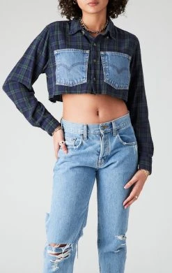 FURST OF A KIND SALE VINTAGE CROPPED PLAID SHIRT WITH DENIM POCKETS